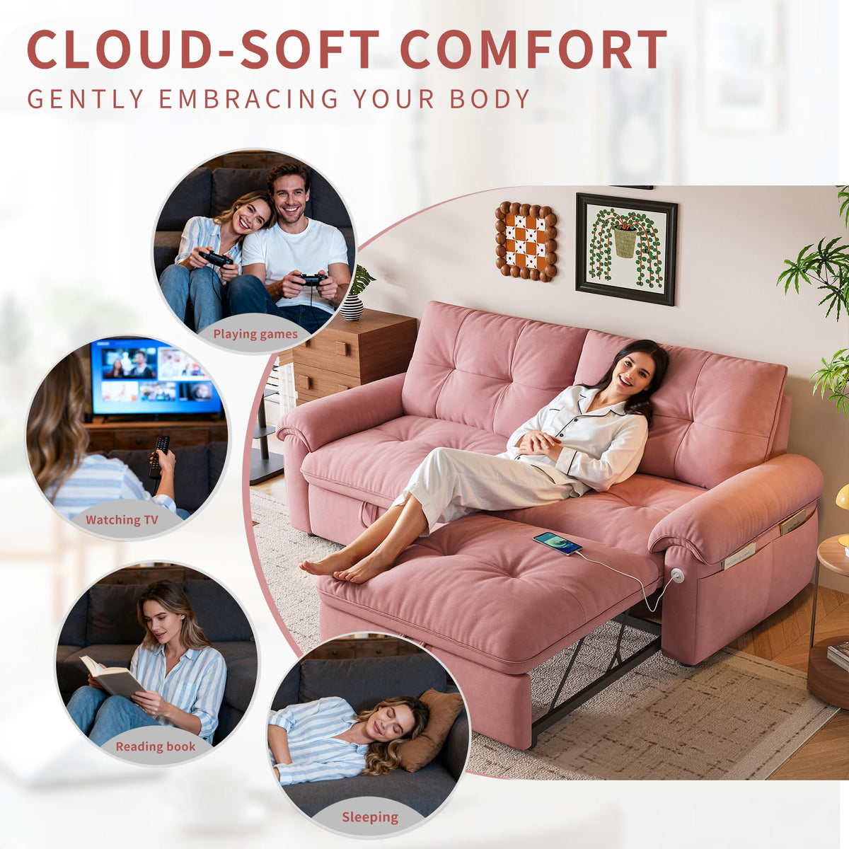 Queen Size Pink Sofa Bed with Pull Out Bed D623231