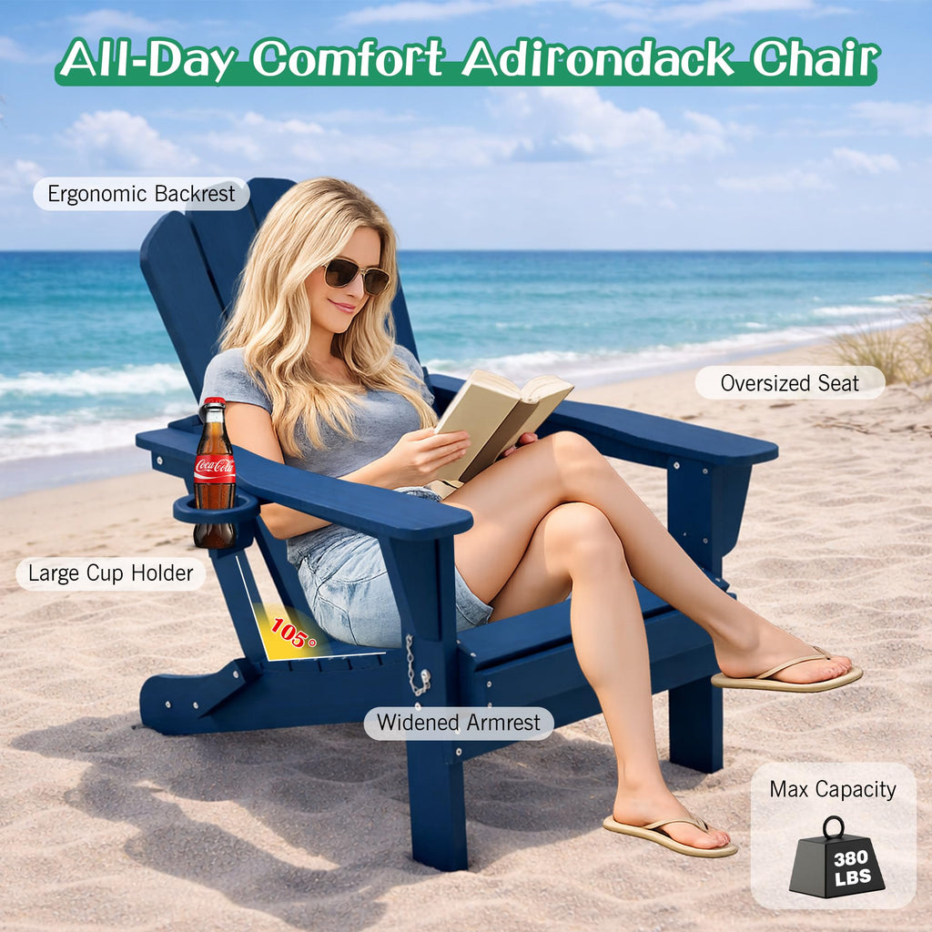 Folding Adirondack Chair Set of 8 HDPE All-Weather with Cup Holder Blue H63502