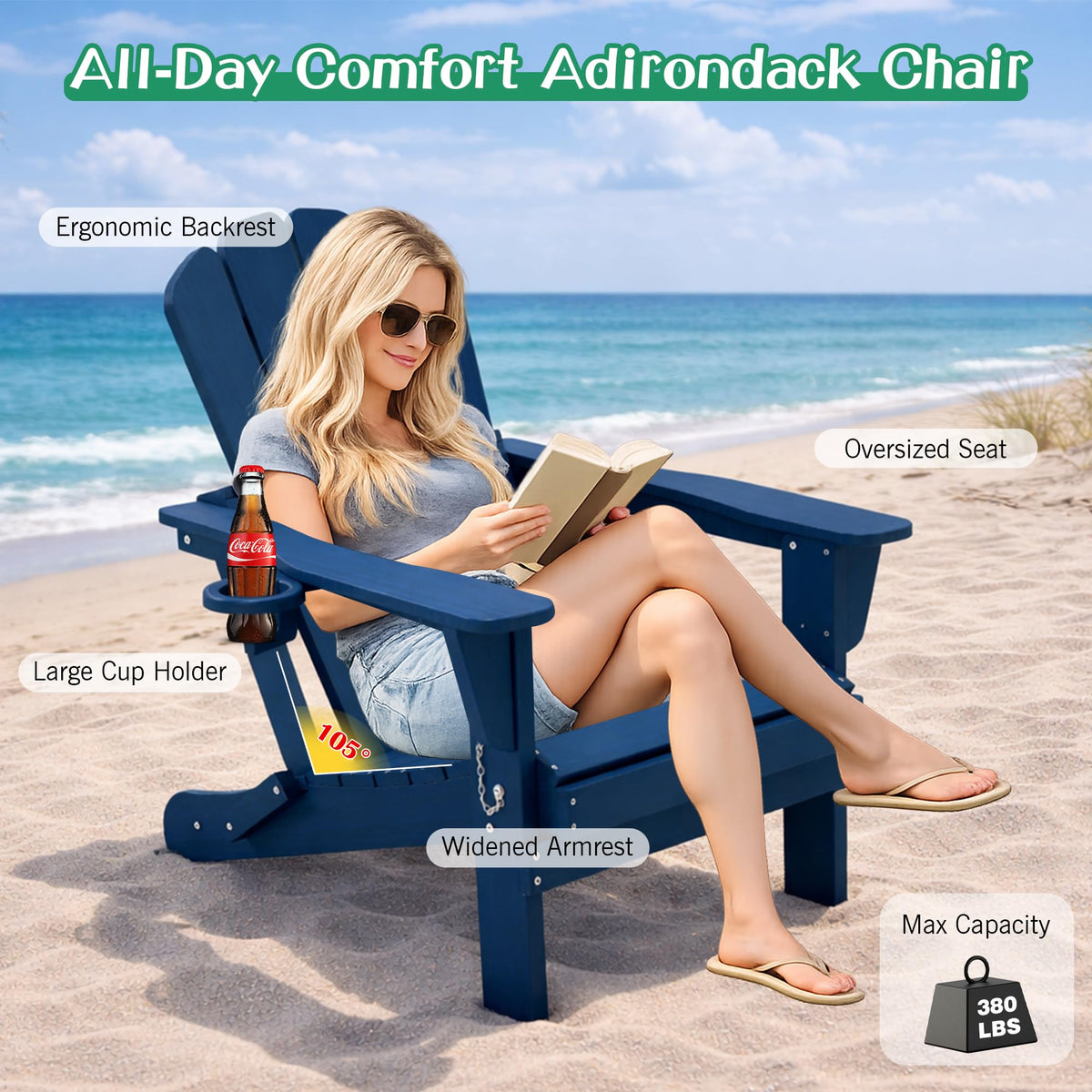 Folding Adirondack Chair Set of 8 HDPE All-Weather with Cup Holder Blue H63502