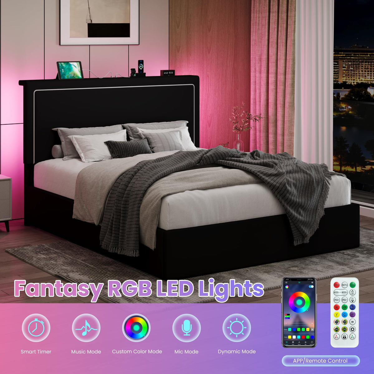 Full Size Lift Up Storage Bed Frame with LED Lights, Black Q308