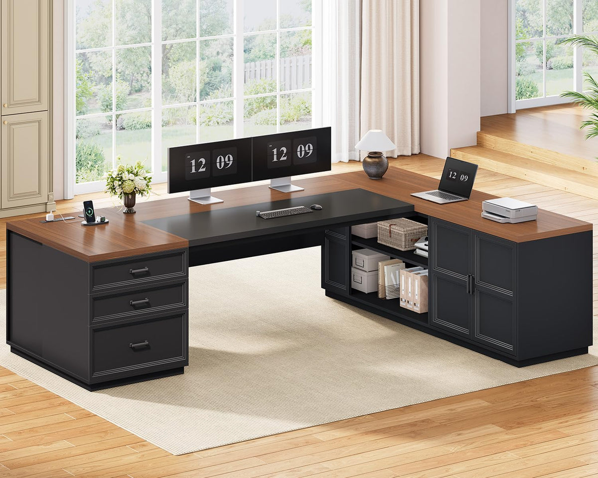 78.7" L Shaped Executive Desk with Charging Station, File Drawers & Storage Cabinet, Black + Brown X487