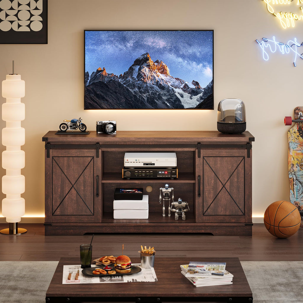 Brown Farmhouse TV Stand with Sliding Barn Doors and Storage Cabinets C45067