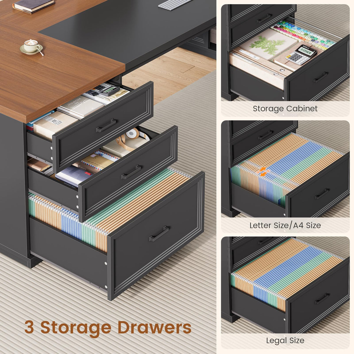 78.7" L Shaped Executive Desk with Charging Station, File Drawers & Storage Cabinet, Black + Brown X487