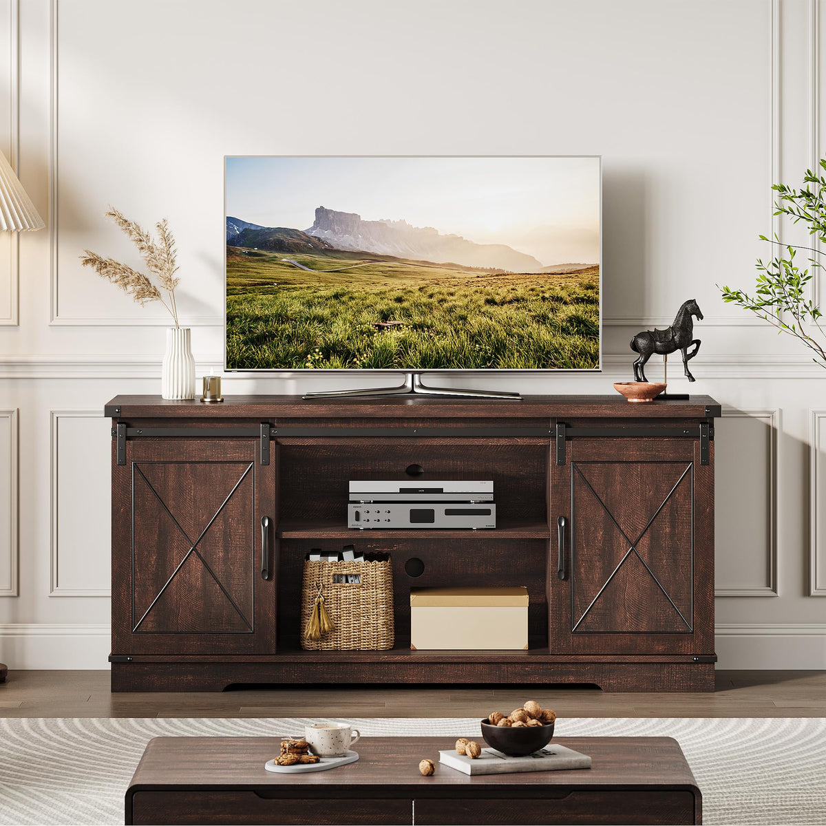 Farmhouse TV Stand with Sliding Barn Doors R69985