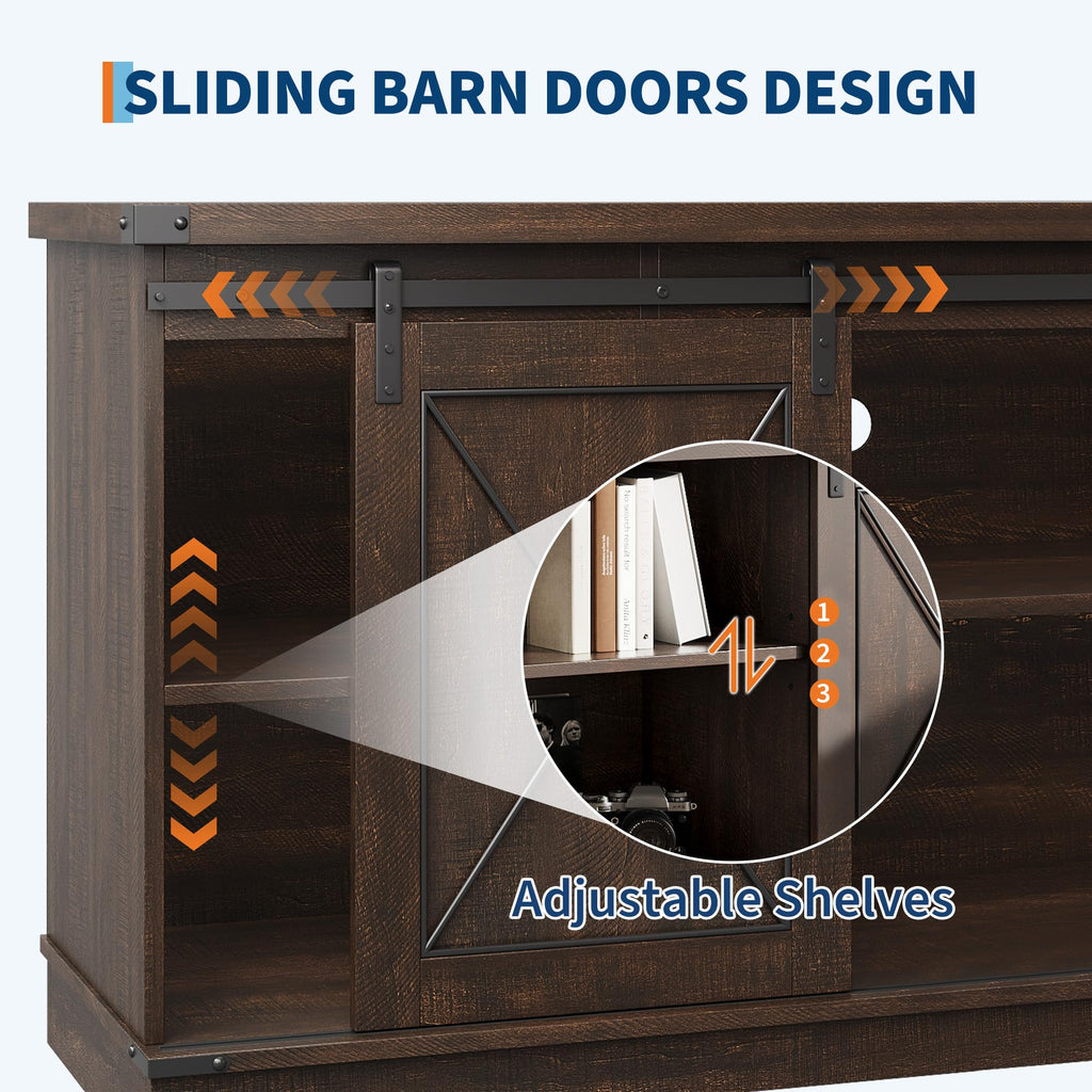 Brown Farmhouse TV Stand with Sliding Barn Doors and Storage Cabinets C45067