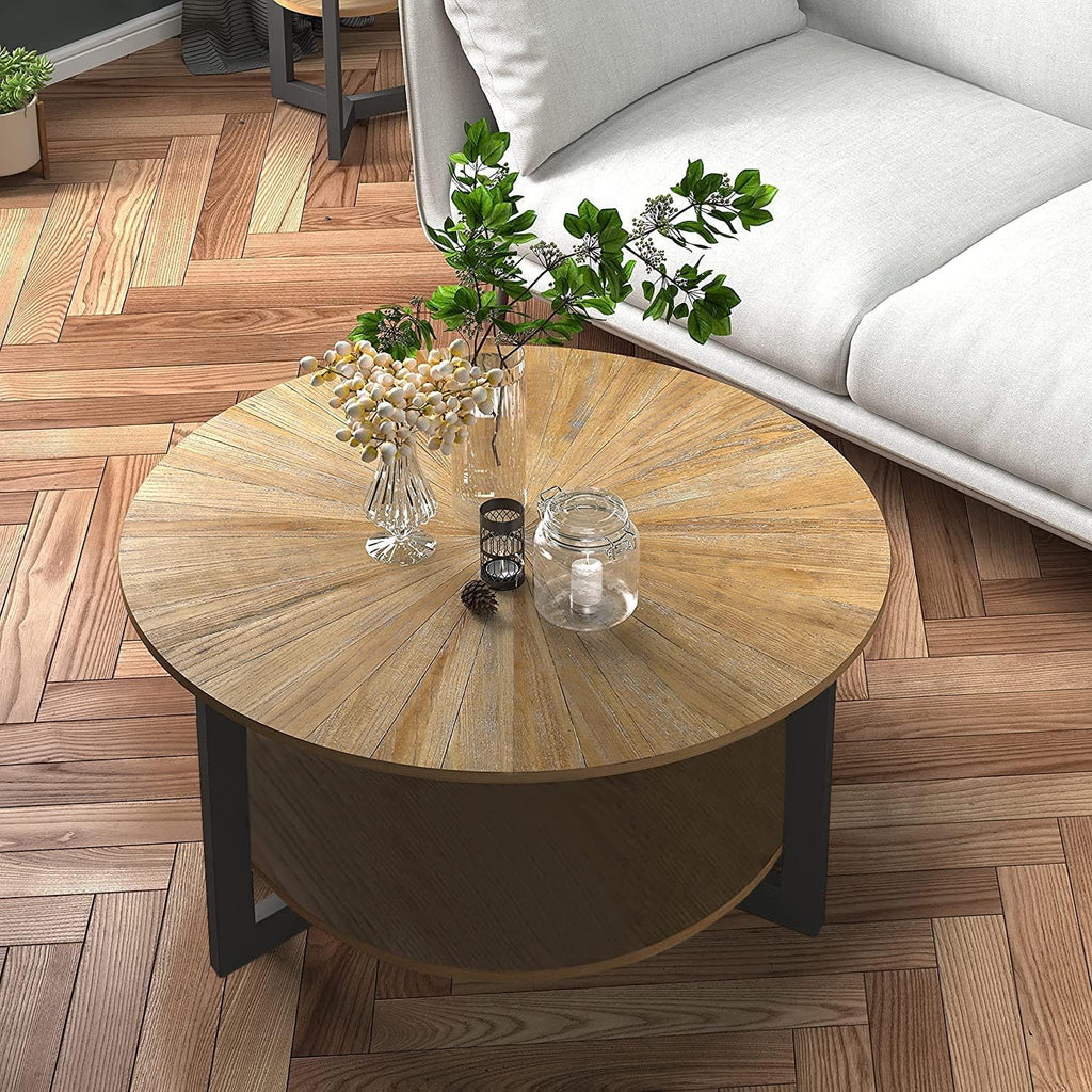 33.5" Round 2-Tier Wood Coffee Table with Storage N973806