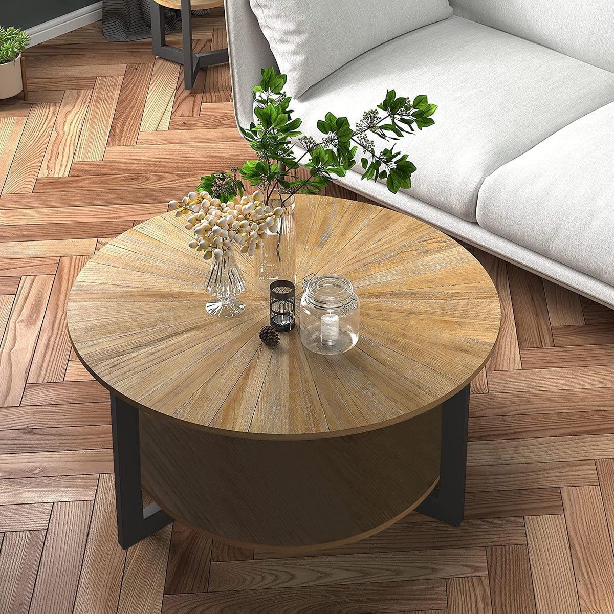 33.5" Round 2-Tier Wood Coffee Table with Storage N973806