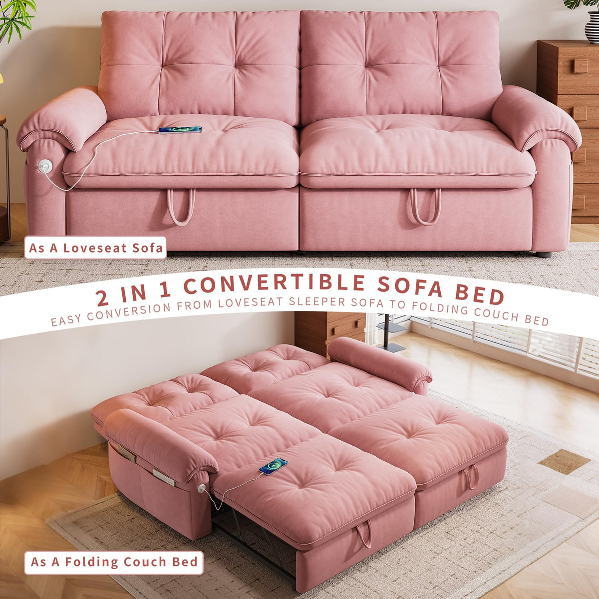 Queen Size Pink Sofa Bed with Pull Out Bed D623231