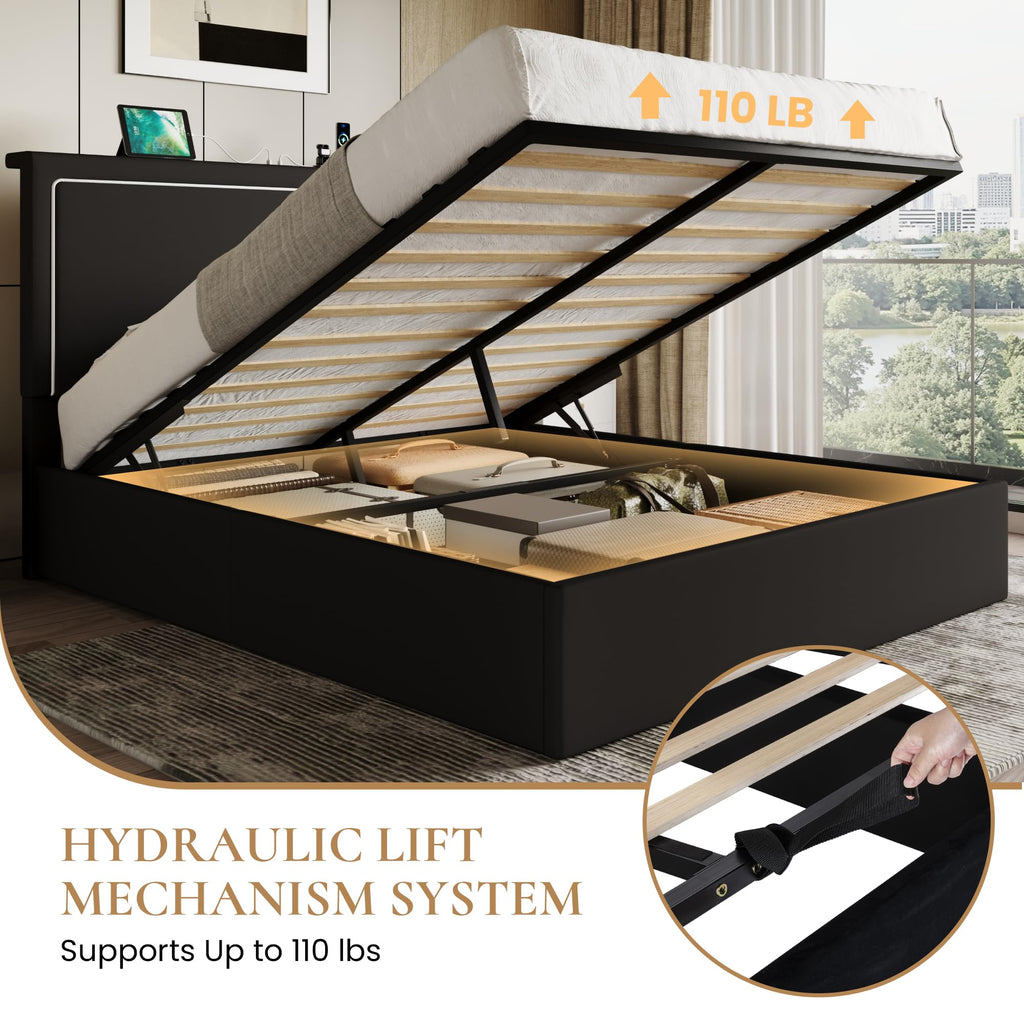 Full Size Lift Up Storage Bed Frame with LED Lights, Black Q308