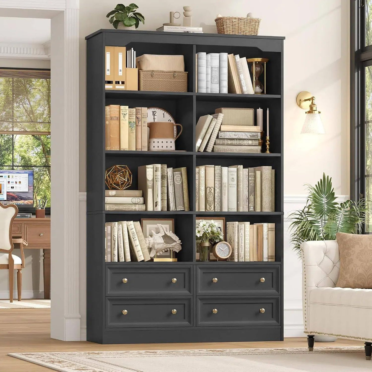71" Tall Black Bookshelf with 4 Drawers L666378
