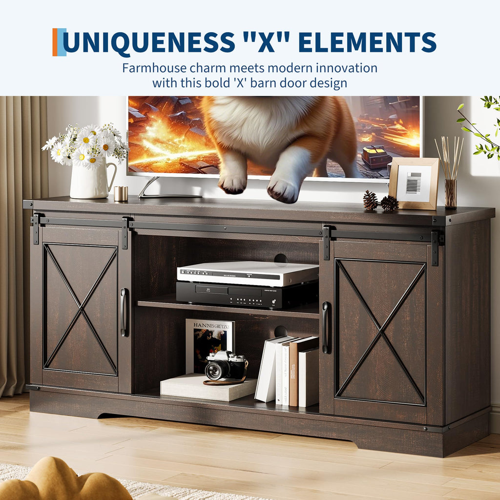 Brown Farmhouse TV Stand with Sliding Barn Doors and Storage Cabinets C45067