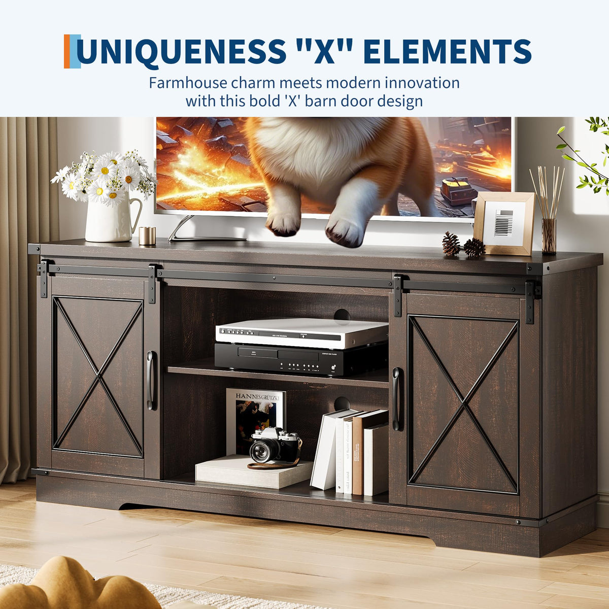 Brown Farmhouse TV Stand with Sliding Barn Doors and Storage Cabinets C45067