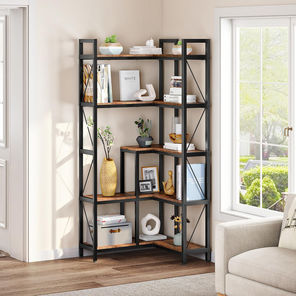 5-Tier L-Shaped Corner Bookshelf with Metal Frame N403363