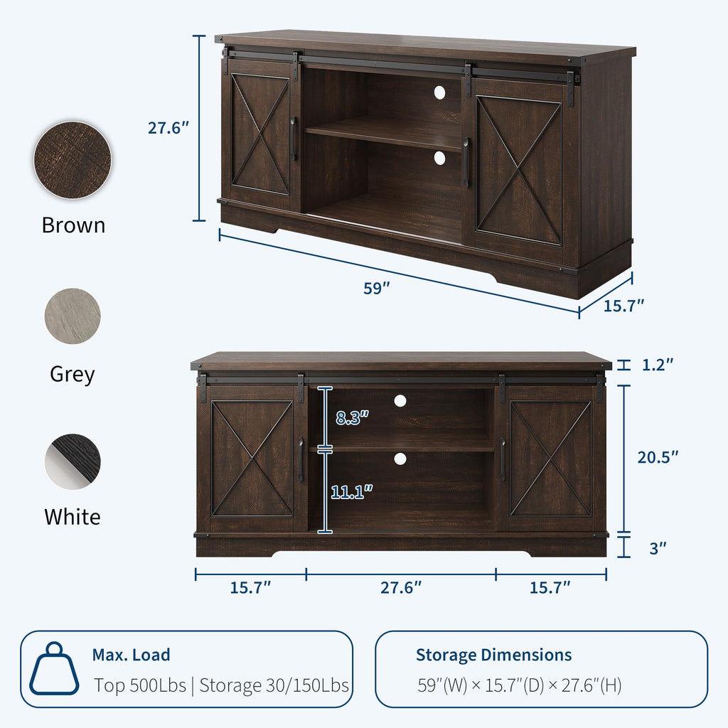 Brown Farmhouse TV Stand with Sliding Barn Doors and Storage Cabinets C45067