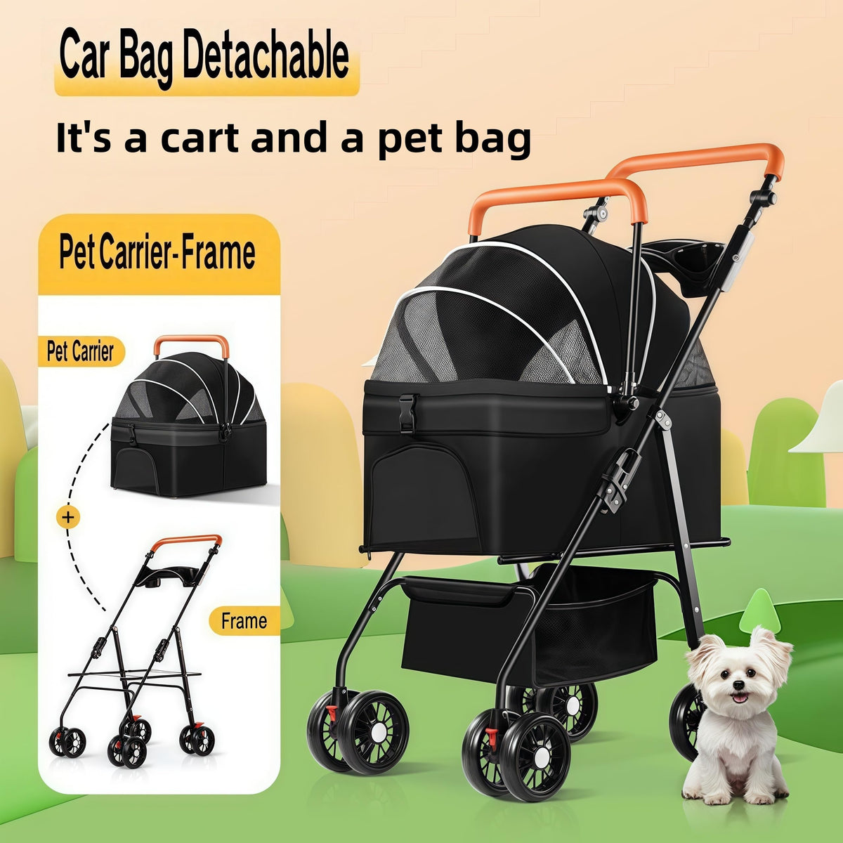 Black Foldable Pet Stroller with Storage Basket B333635