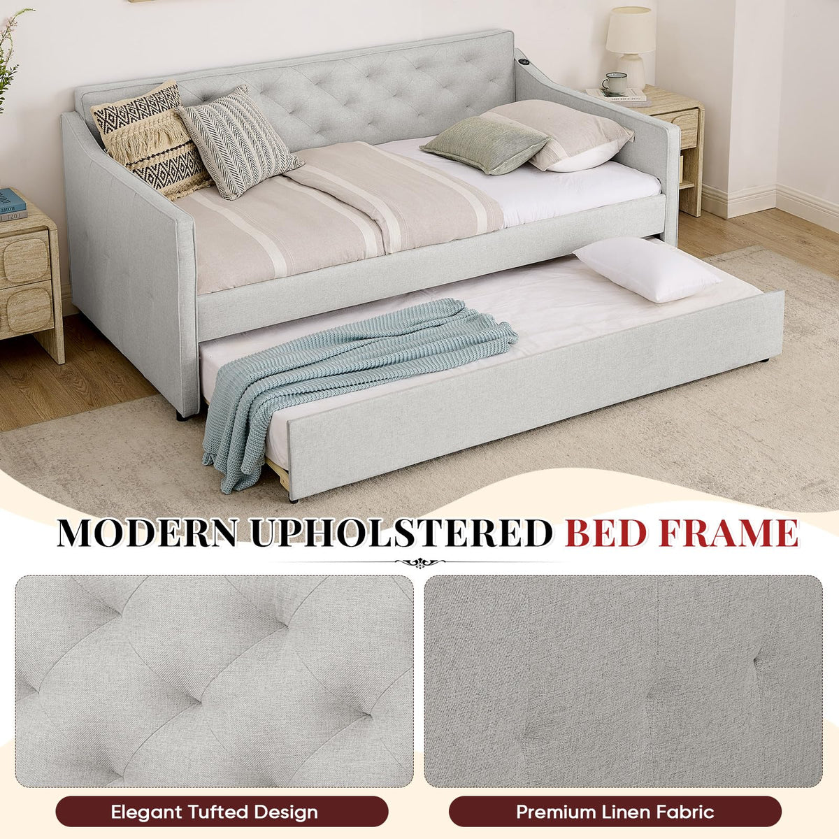 Twin to King Size Beige Daybed with Pop Up Trundle T666