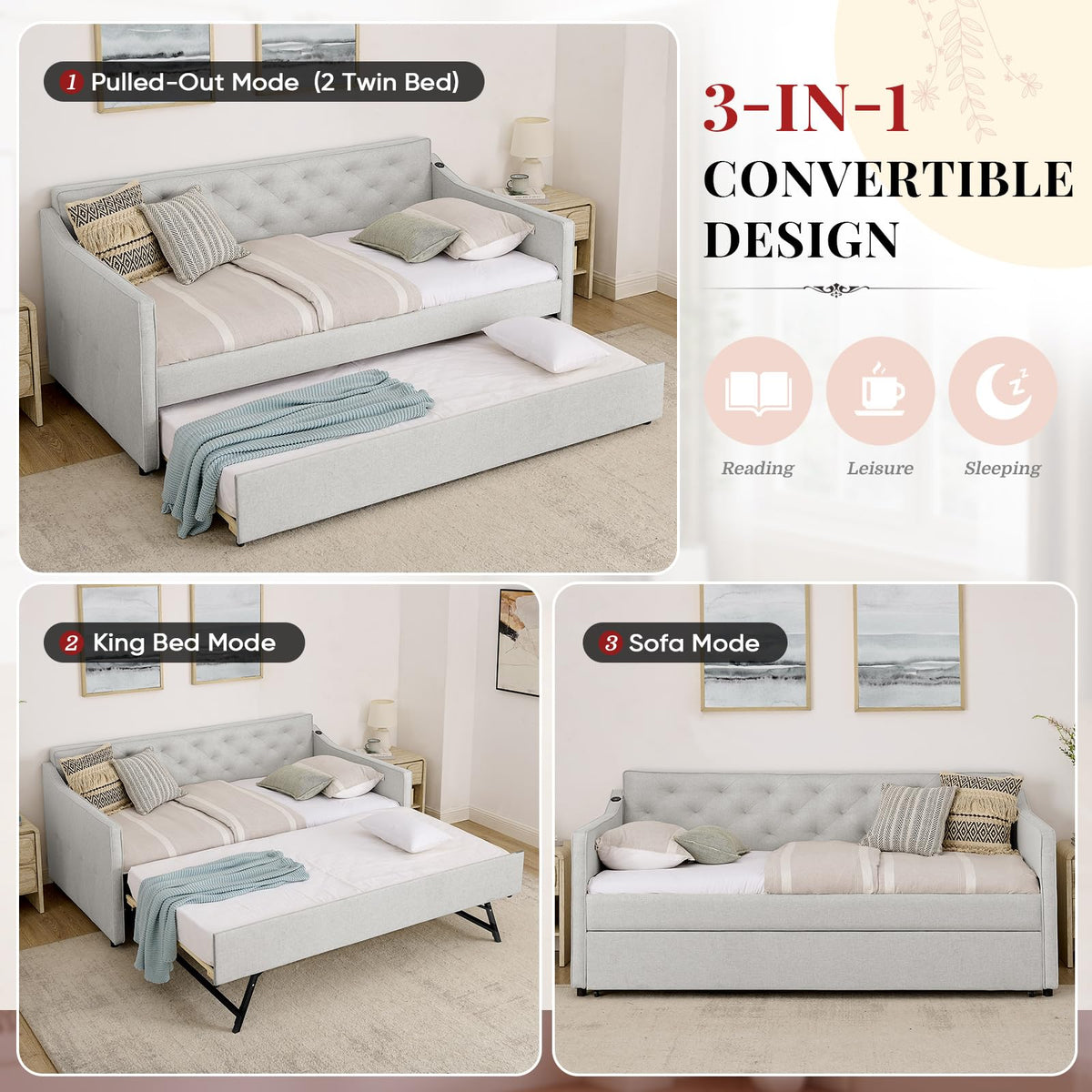 Twin to King Size Beige Daybed with Pop Up Trundle T666