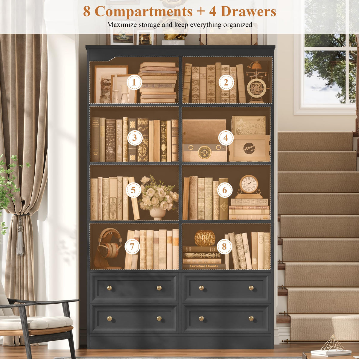 71" Tall Black Bookshelf with 4 Drawers L666378