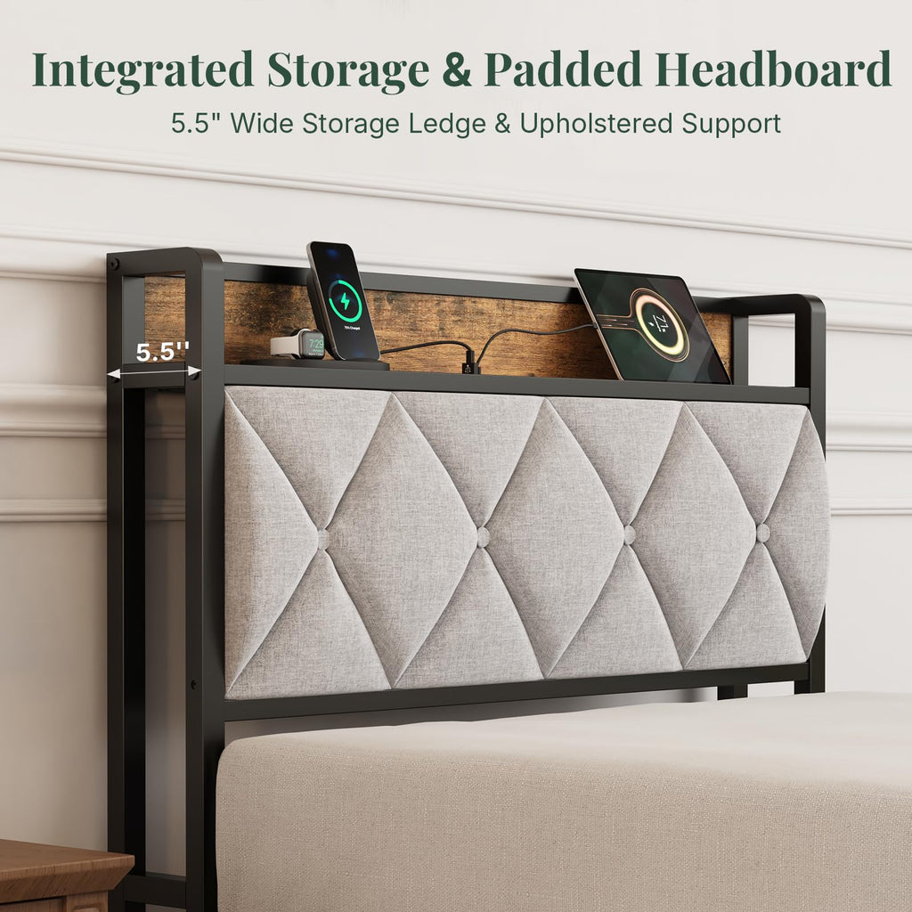 Twin Bed Frame with Headboard and Charging Plug U11117