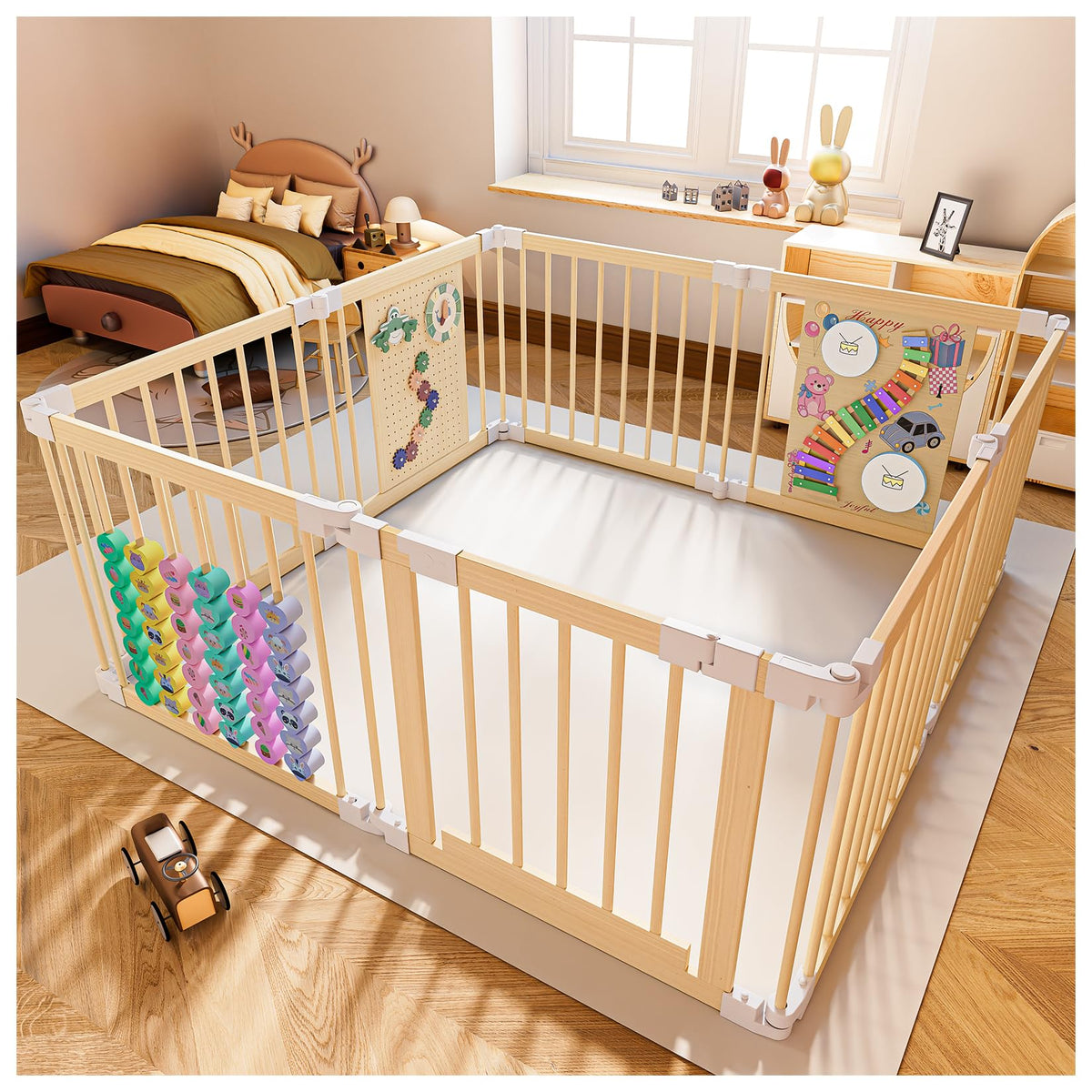 Foldable Wood Baby Playpen with Built-in Toys 57"x57" S215136