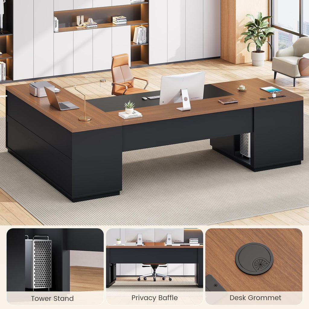78.7" L Shaped Executive Desk with Charging Station, File Drawers & Storage Cabinet, Black + Brown X487
