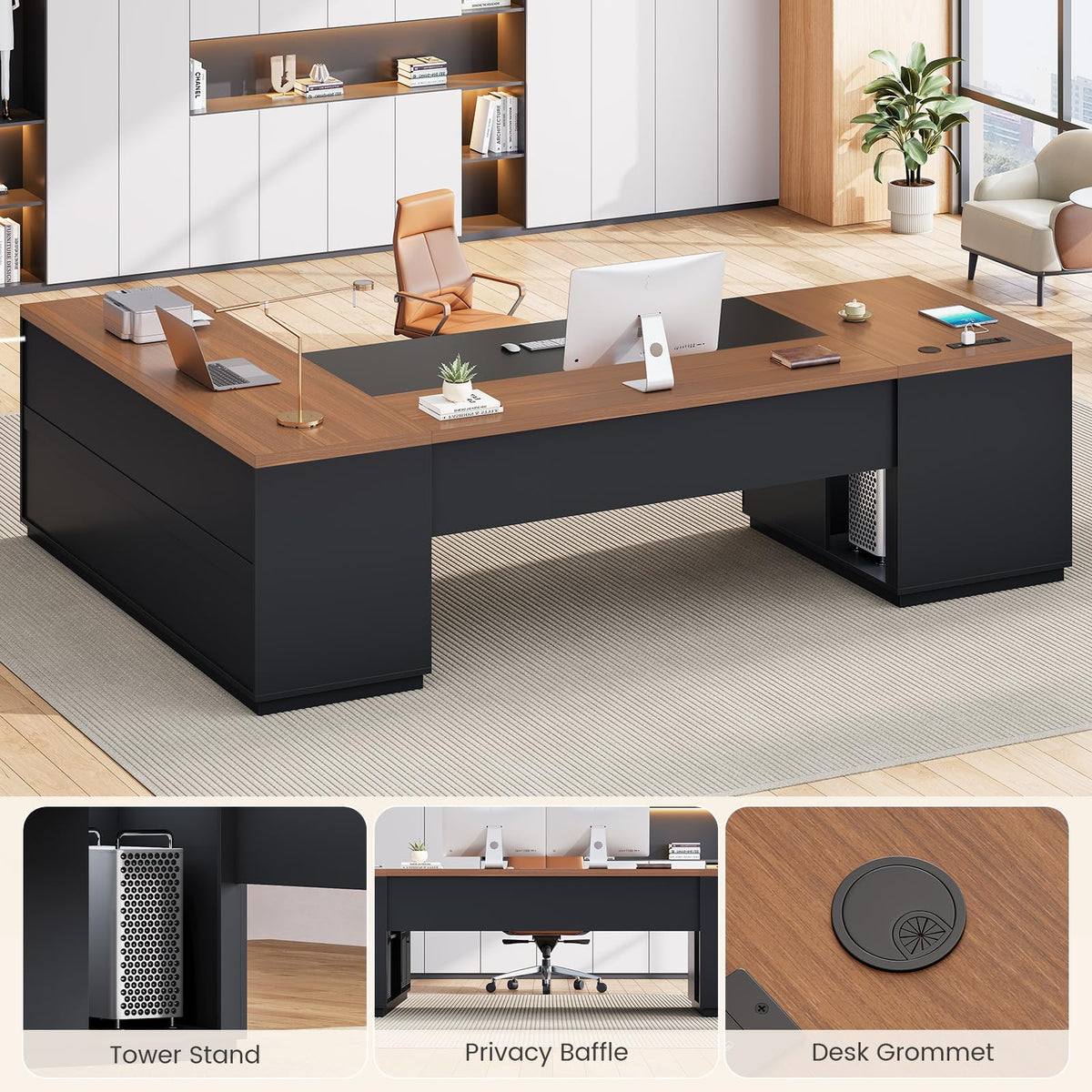 78.7" L Shaped Executive Desk with Charging Station, File Drawers & Storage Cabinet, Black + Brown X487