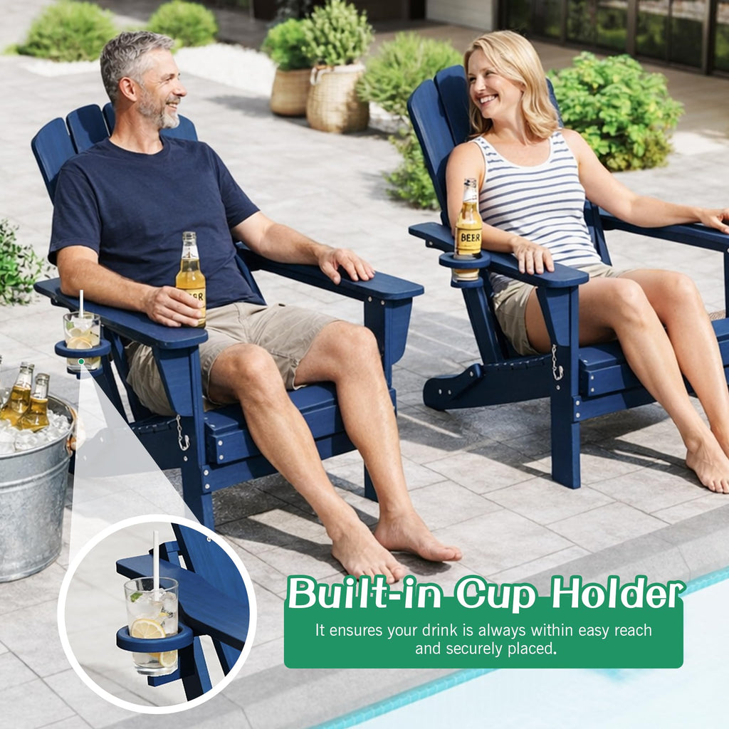 Folding Adirondack Chair Set of 8 HDPE All-Weather with Cup Holder Blue H63502