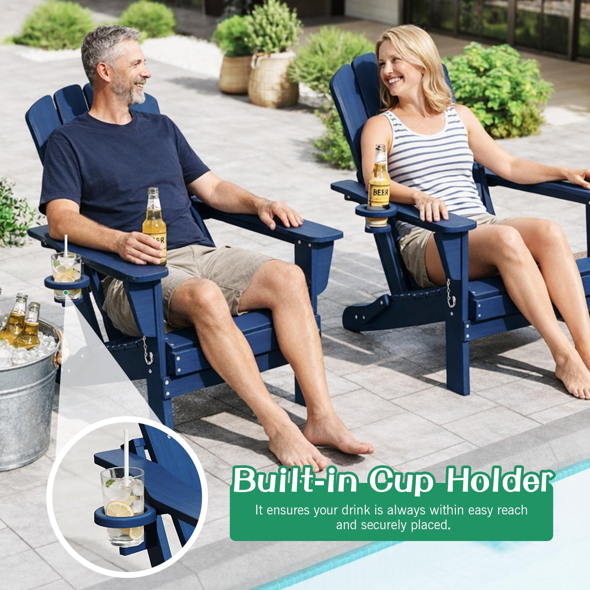 Folding Adirondack Chair Set of 8 HDPE All-Weather with Cup Holder Blue H63502