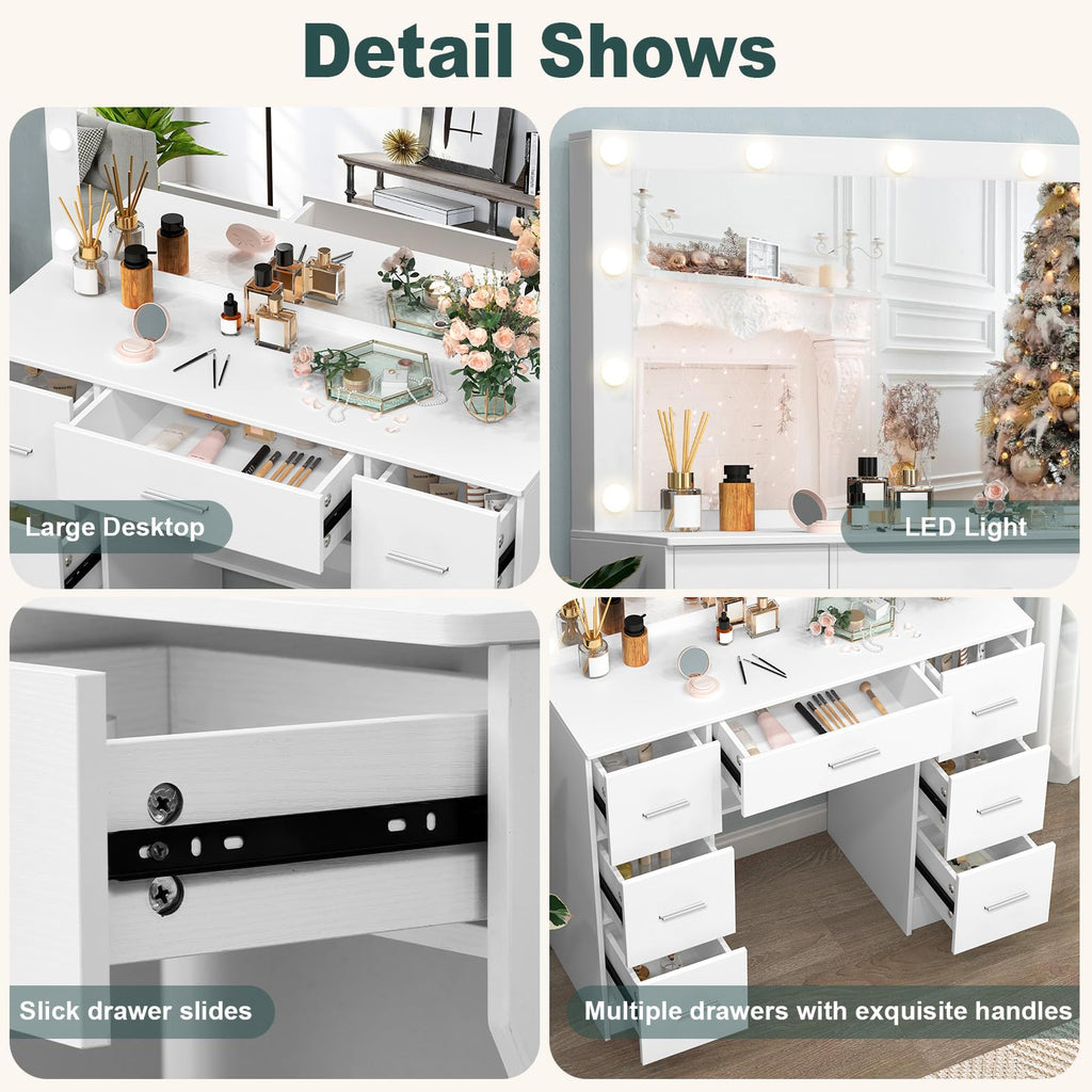 White 7 Drawer Vanity with Lights and Mirror A439
