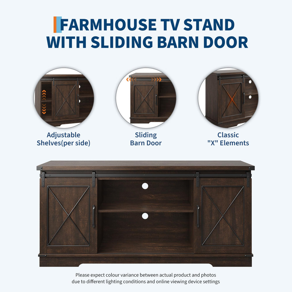 Brown Farmhouse TV Stand with Sliding Barn Doors and Storage Cabinets C45067