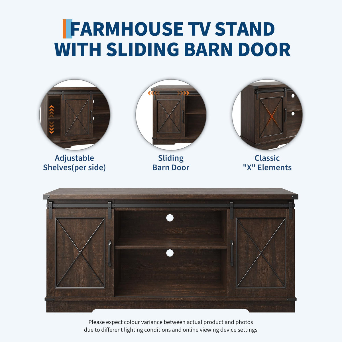 Brown Farmhouse TV Stand with Sliding Barn Doors and Storage Cabinets C45067