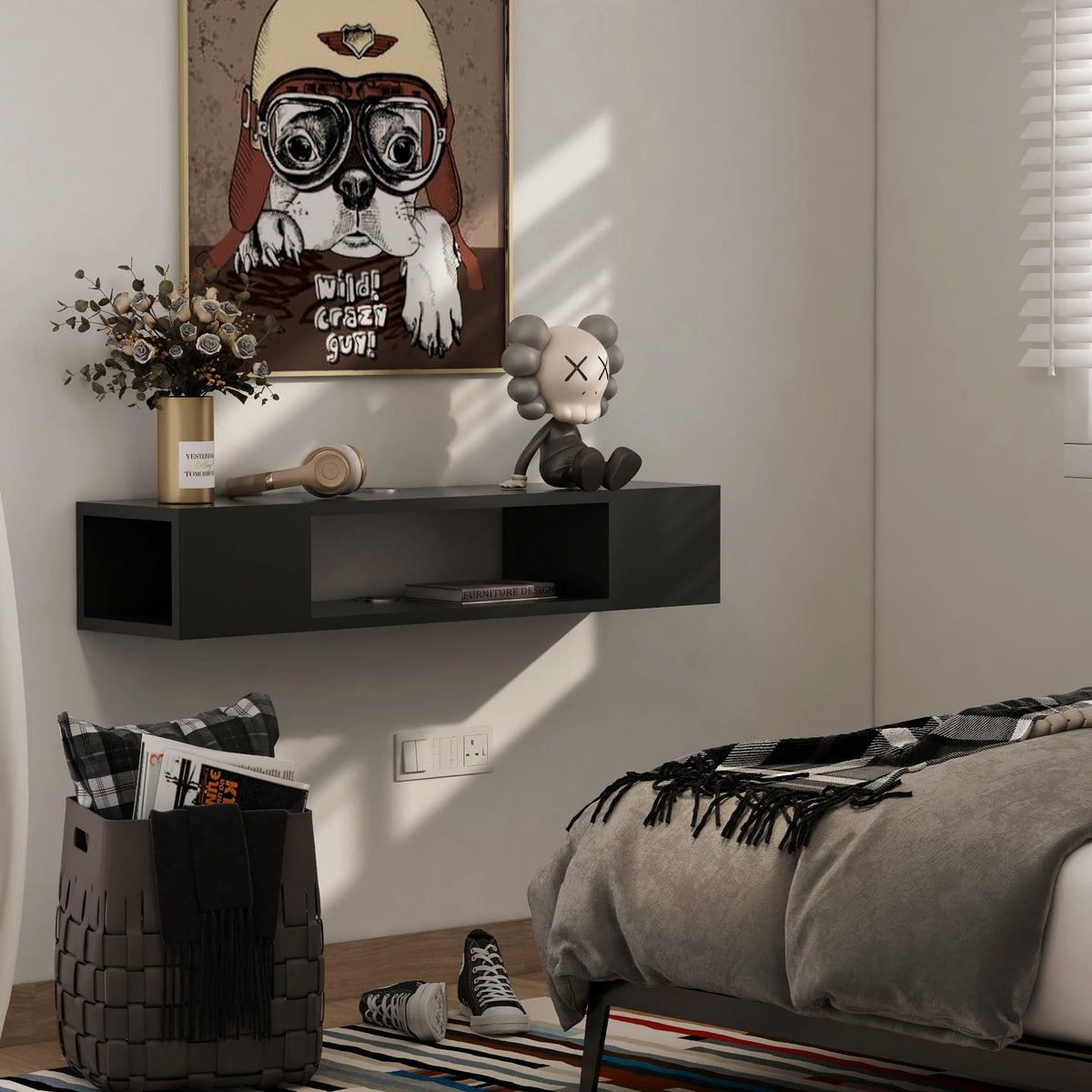 Black Wall Mounted Floating TV Stand with Storage I337