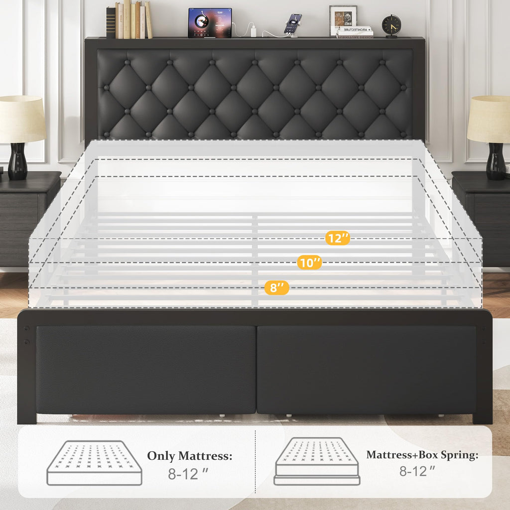 Queen Bed Frame with Upholstered Headboard and 2 Storage Drawers L5156