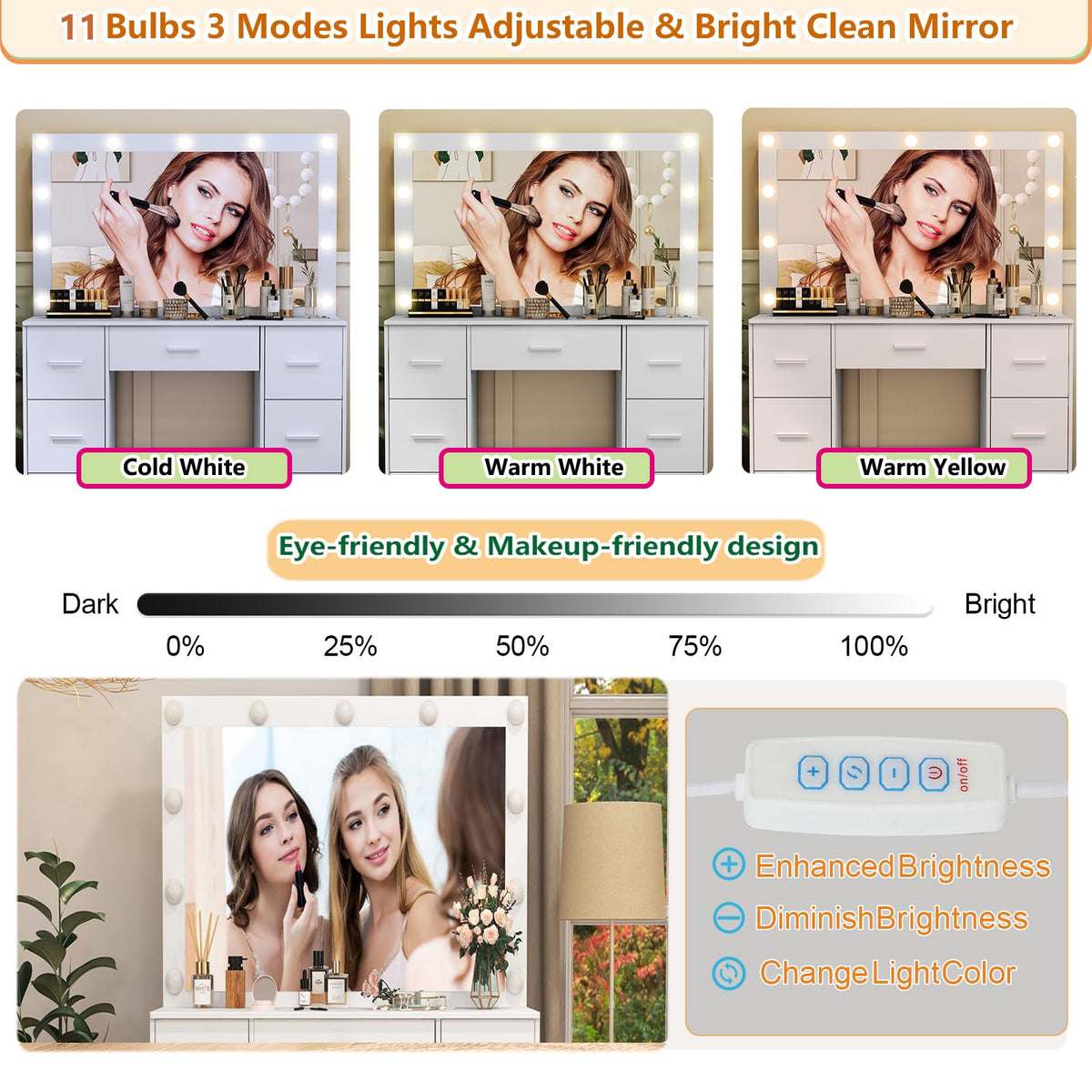 White 7 Drawer Vanity with Lights and Mirror A439