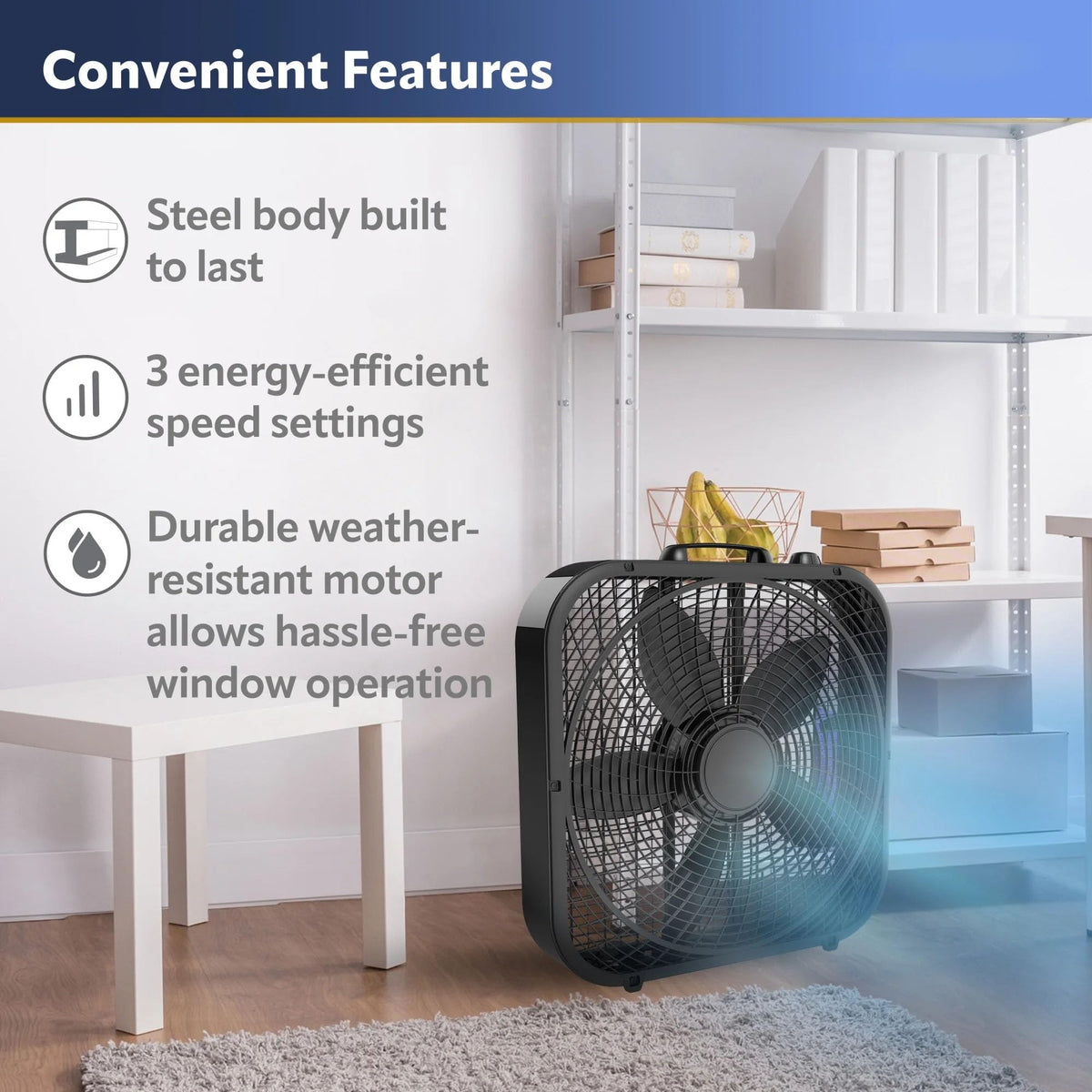 Black 20-inch 3-Speed Box Fan with Handle V862