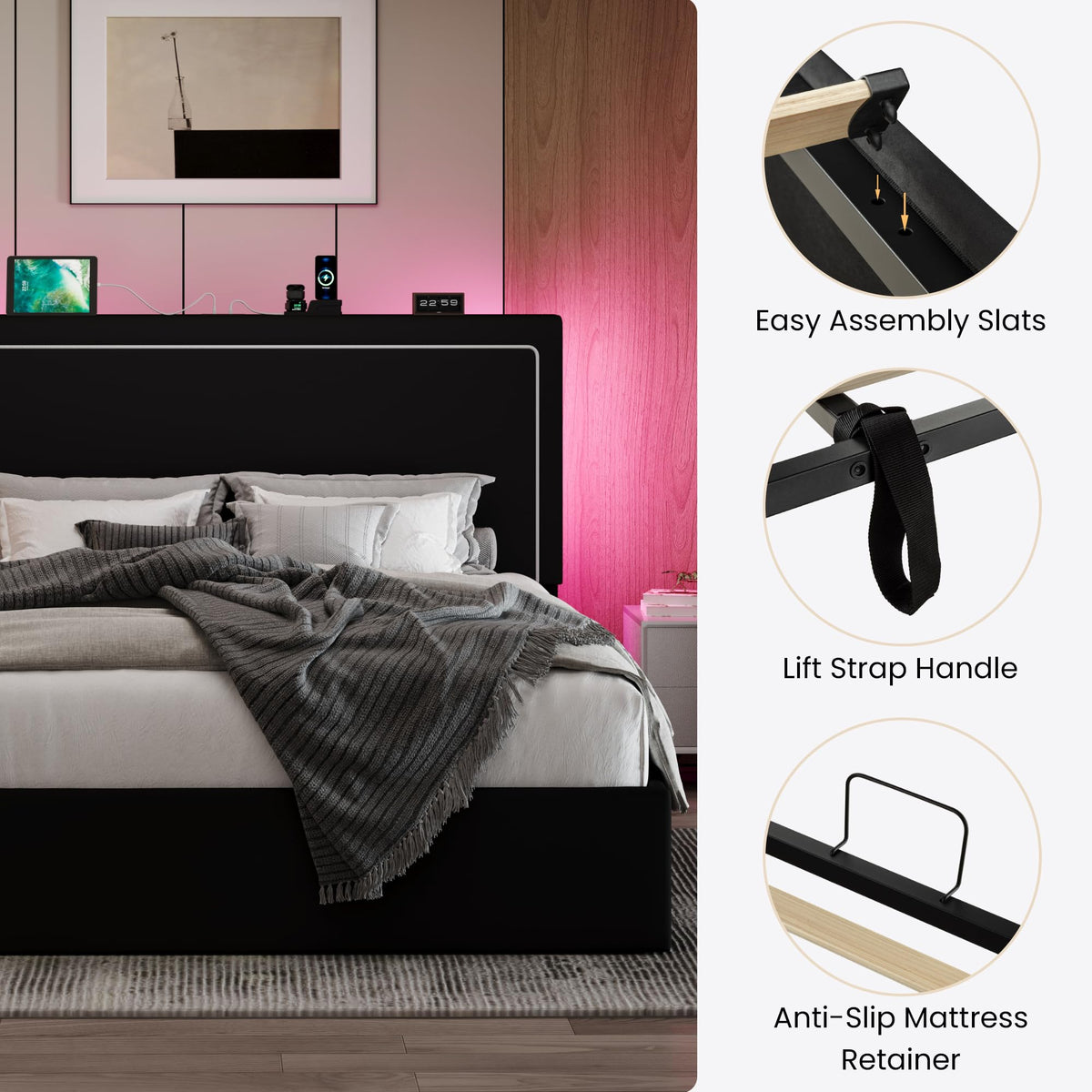 Full Size Lift Up Storage Bed Frame with LED Lights, Black Q308