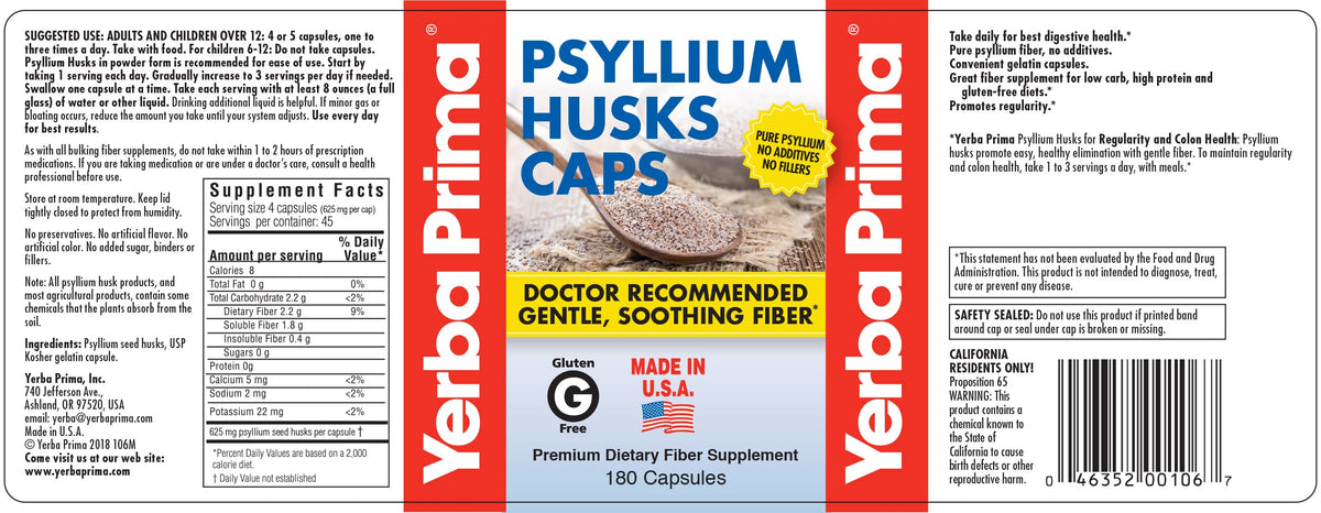 Psyllium Husks Caps Dietary Fiber 625 mg 180 Capsules L383