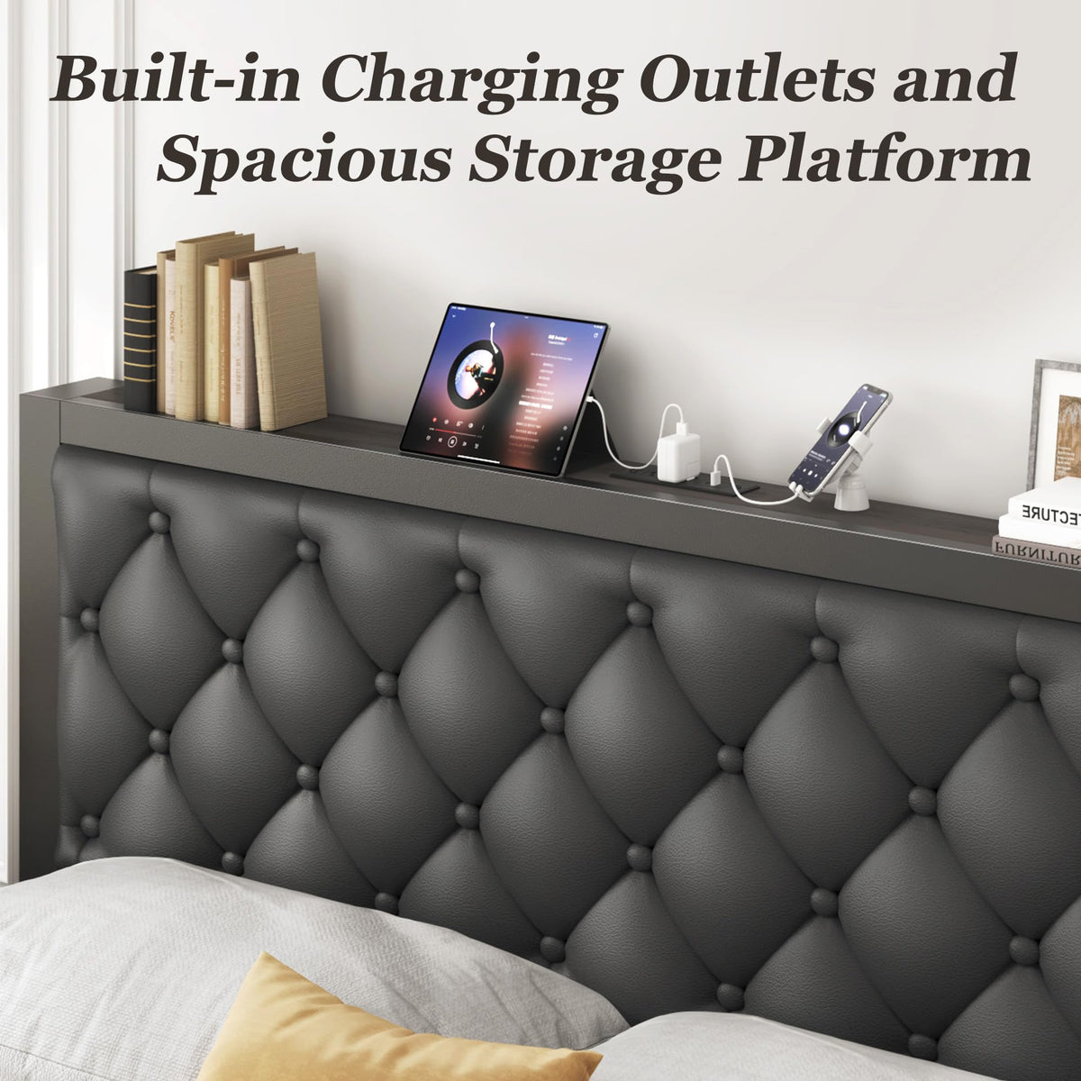 Queen Bed Frame with Upholstered Headboard and 2 Storage Drawers L5156