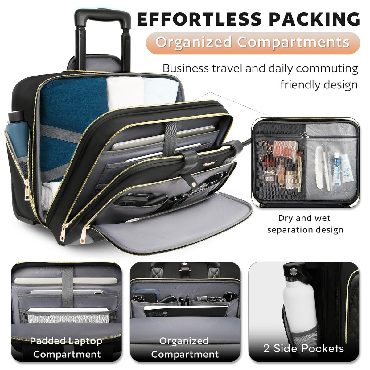 Rolling Laptop Bag with Wheels, 17 Inch Waterproof Black K348706