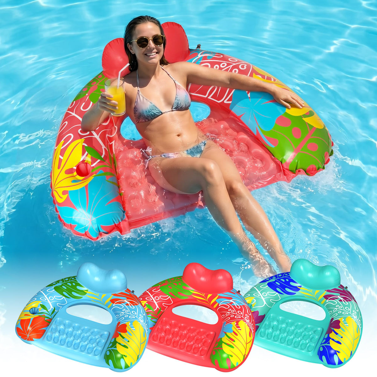 3 Pack Inflatable Pool Float Chairs with Cup Holder N391