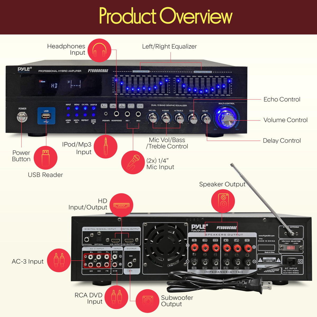 2000W 6-Channel Bluetooth Hybrid Home Amplifier D5110