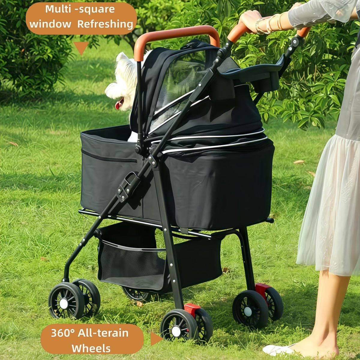 Black Foldable Pet Stroller with Storage Basket B333635