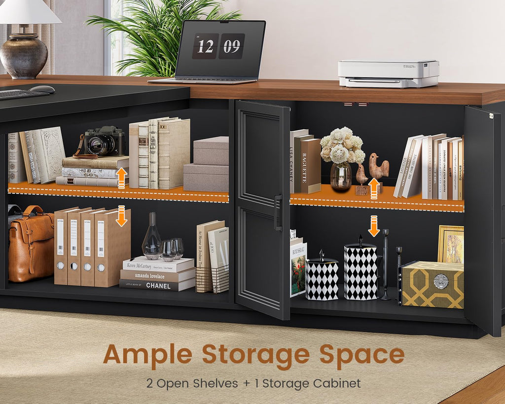 78.7" L Shaped Executive Desk with Charging Station, File Drawers & Storage Cabinet, Black + Brown X487
