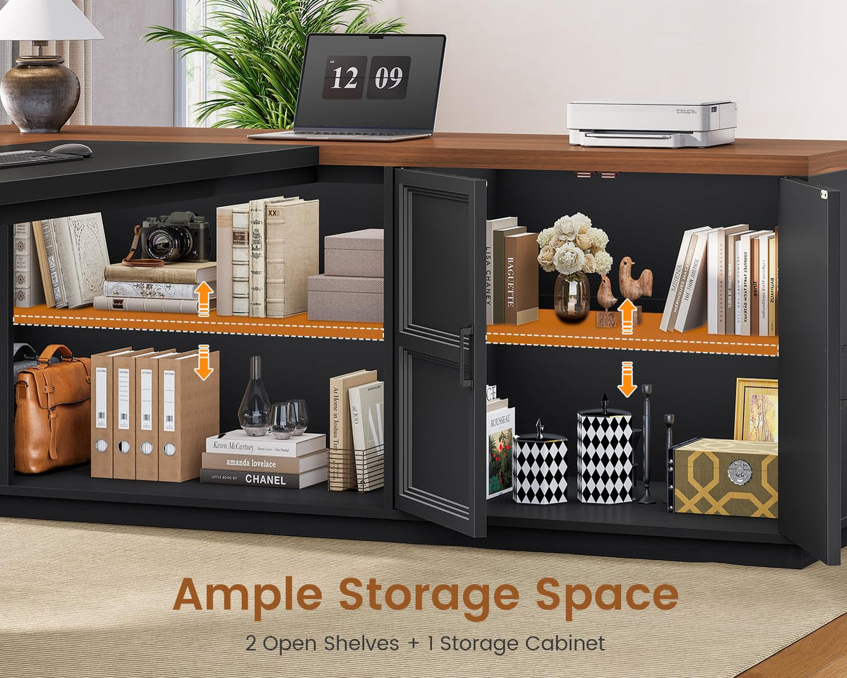 78.7" L Shaped Executive Desk with Charging Station, File Drawers & Storage Cabinet, Black + Brown X487