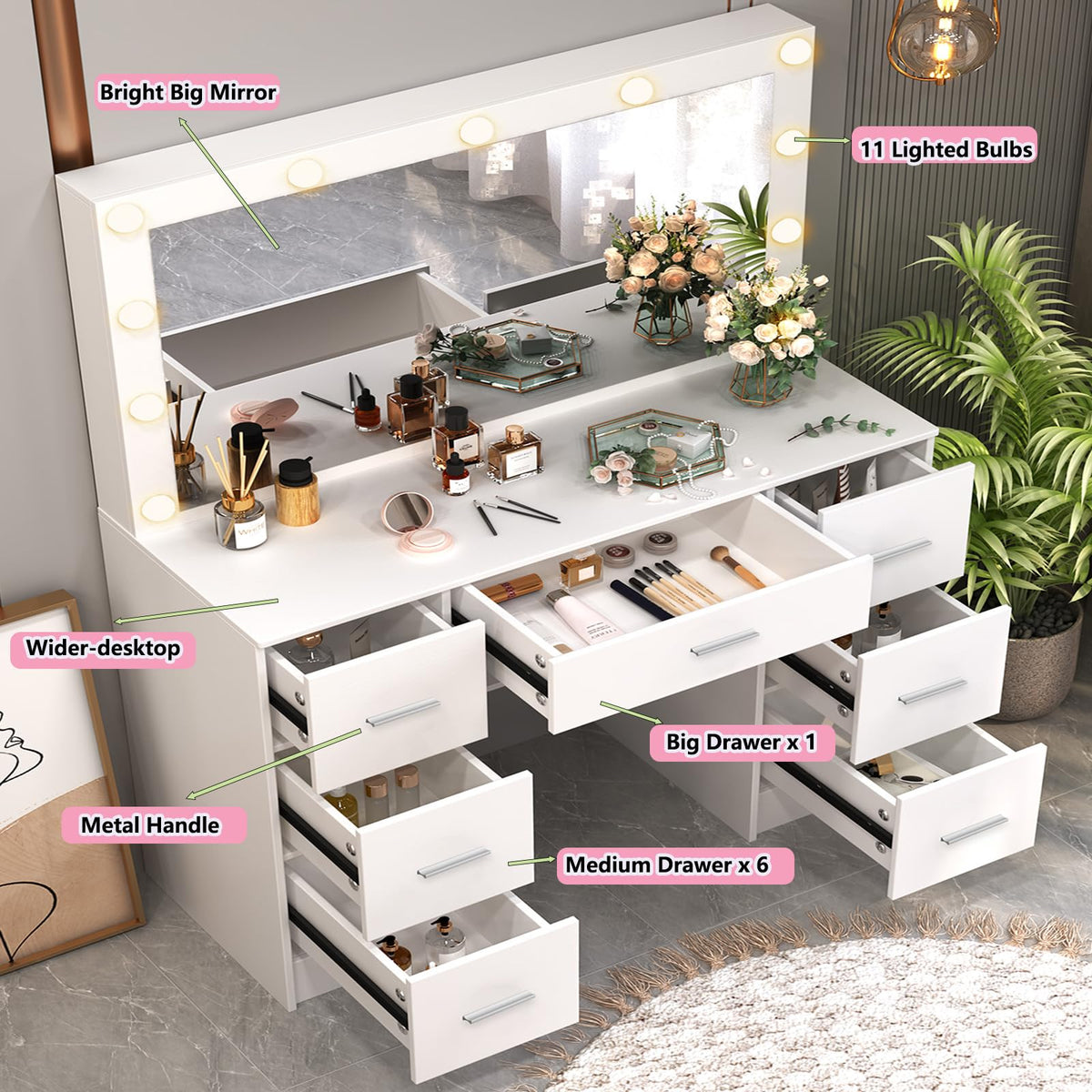 White 7 Drawer Vanity with Lights and Mirror A439