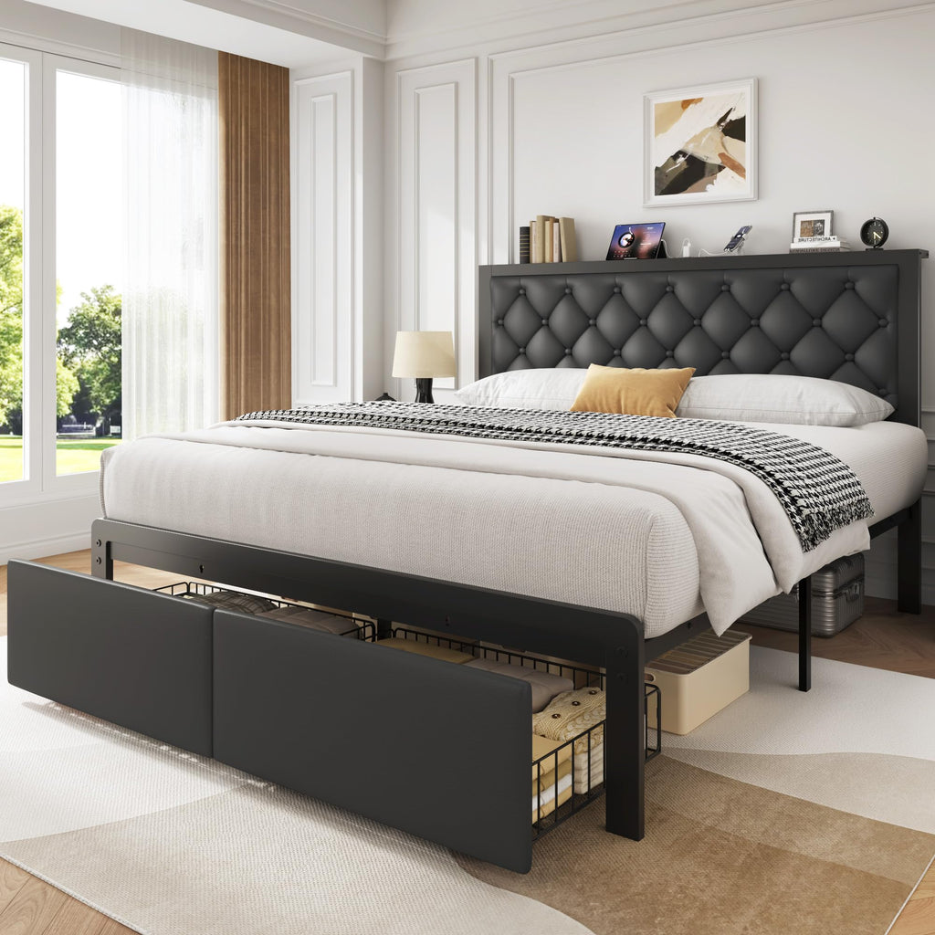 Queen Bed Frame with Upholstered Headboard and 2 Storage Drawers L5156