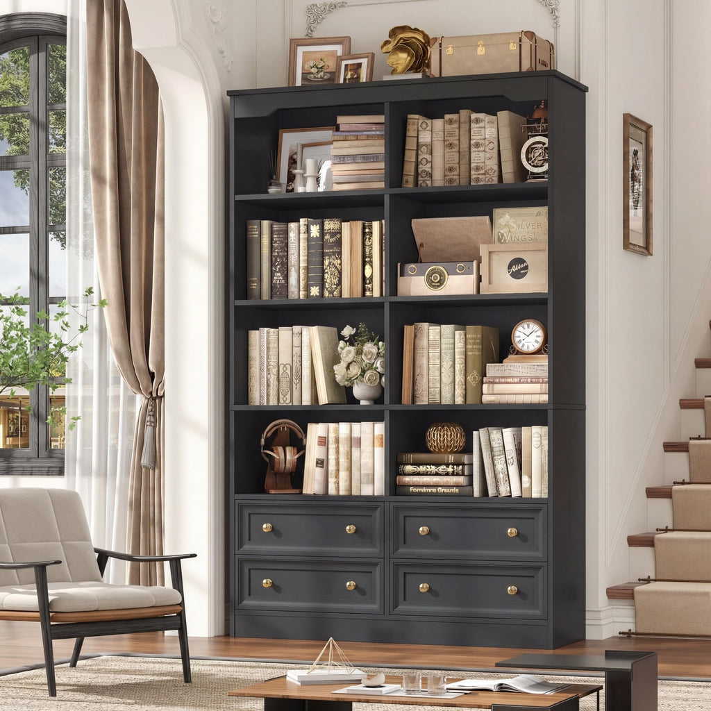 71" Tall Black Bookshelf with 4 Drawers L666378