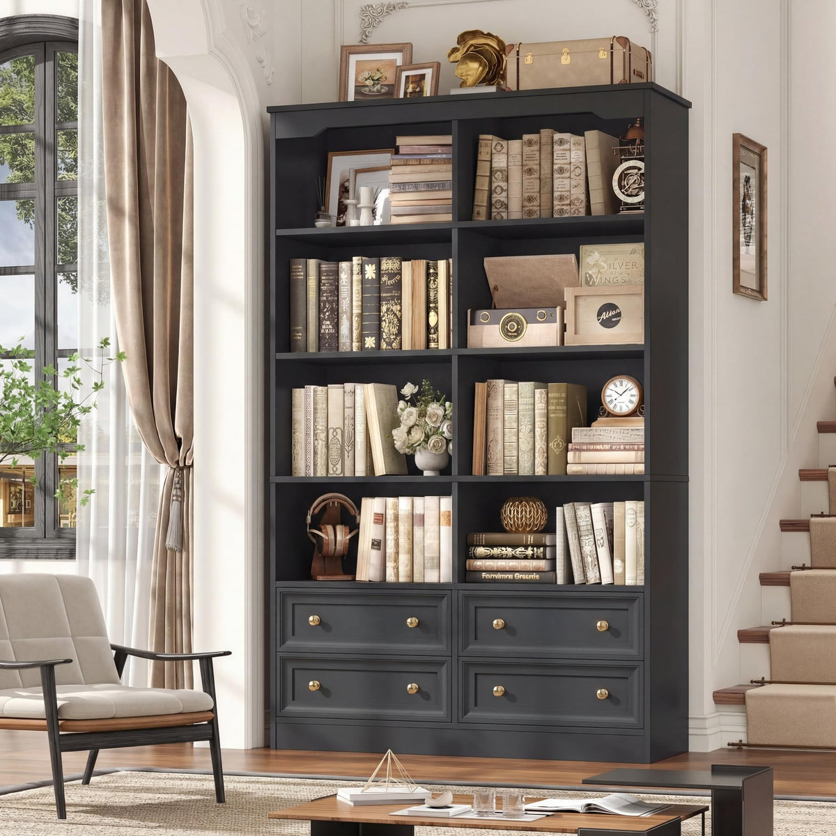 71" Tall Black Bookshelf with 4 Drawers L666378