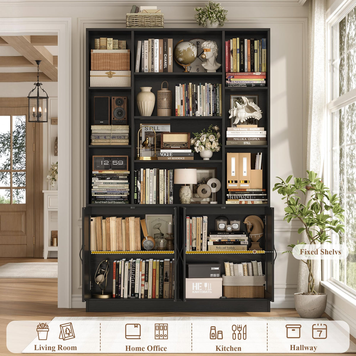 72" Tall Black Bookshelf with Storage S4567