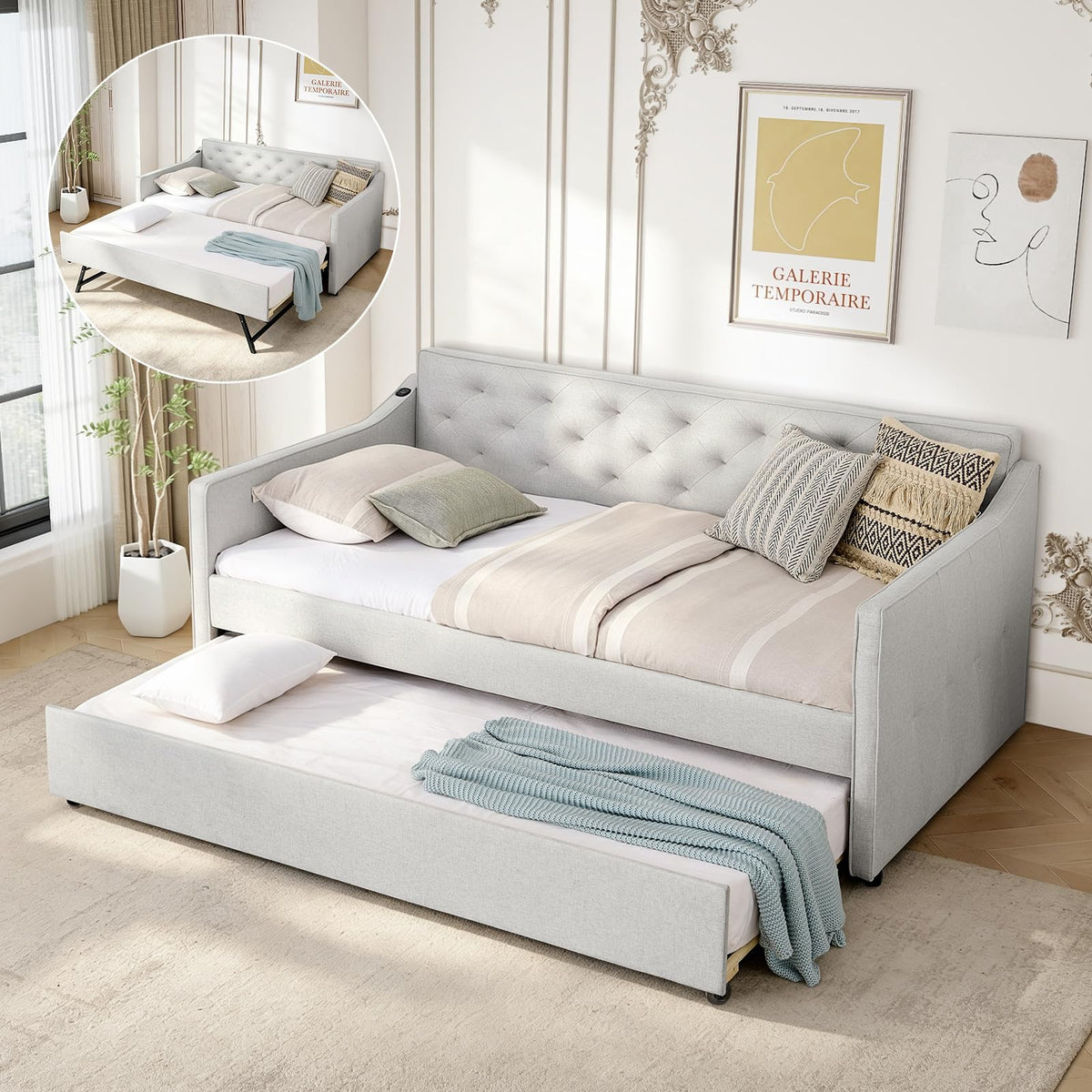 Twin to King Size Beige Daybed with Pop Up Trundle T666